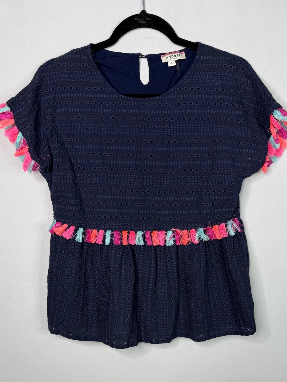 Andree Navy Eyelet Girls Dress with Multicolor Tassel Trim